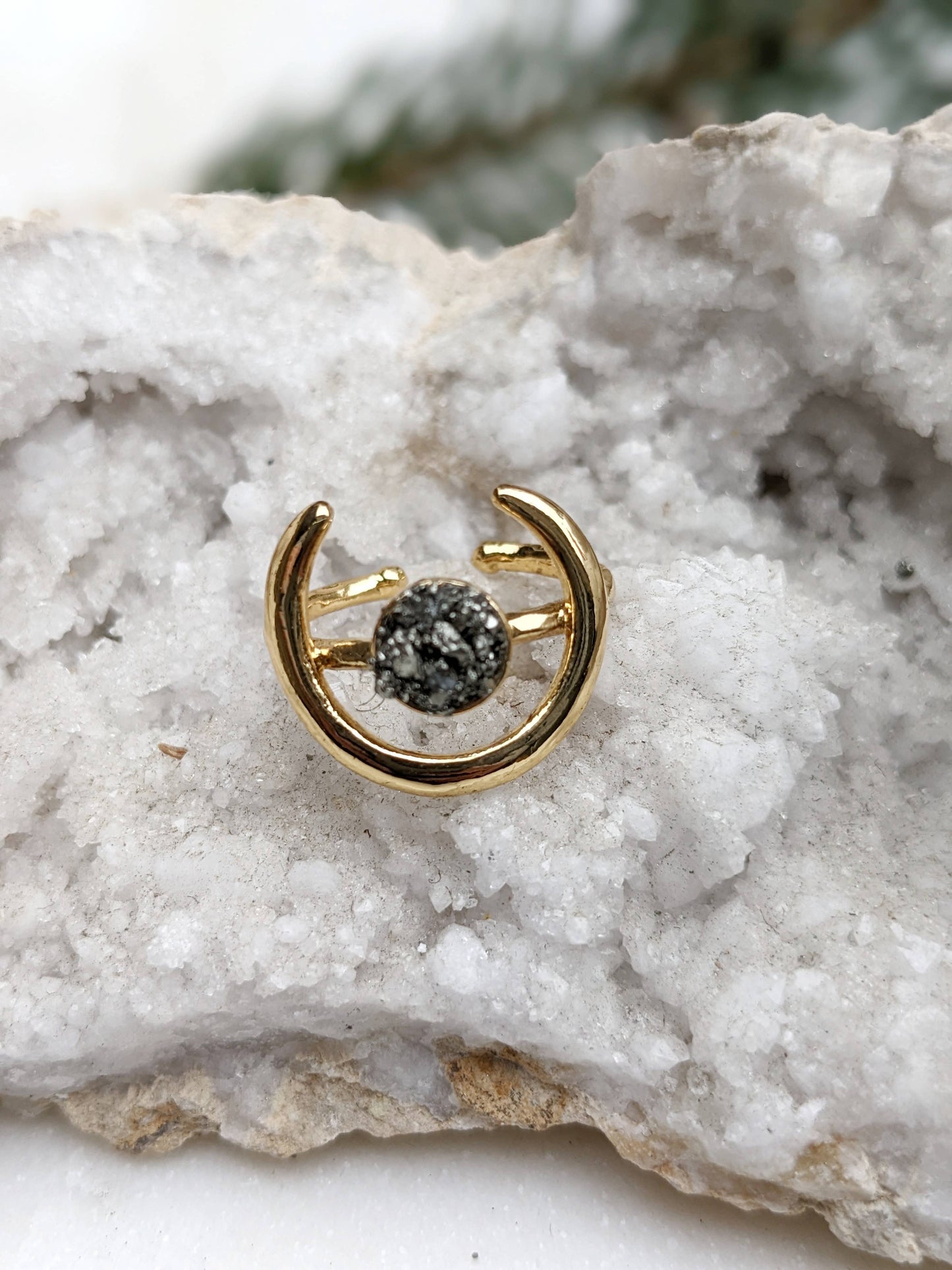 Abundance and Protection ✨Pyrite Crescent Moon Gold Ring ✨ Adjustable