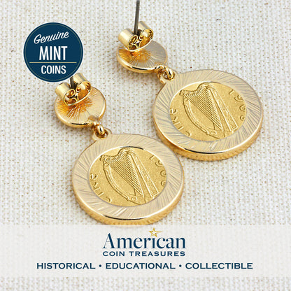 Gold Layered 3 Pence Irish Coin Goldtone Art Deco Earrings