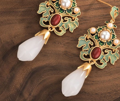 Enamel Luxury Earrings With Jade