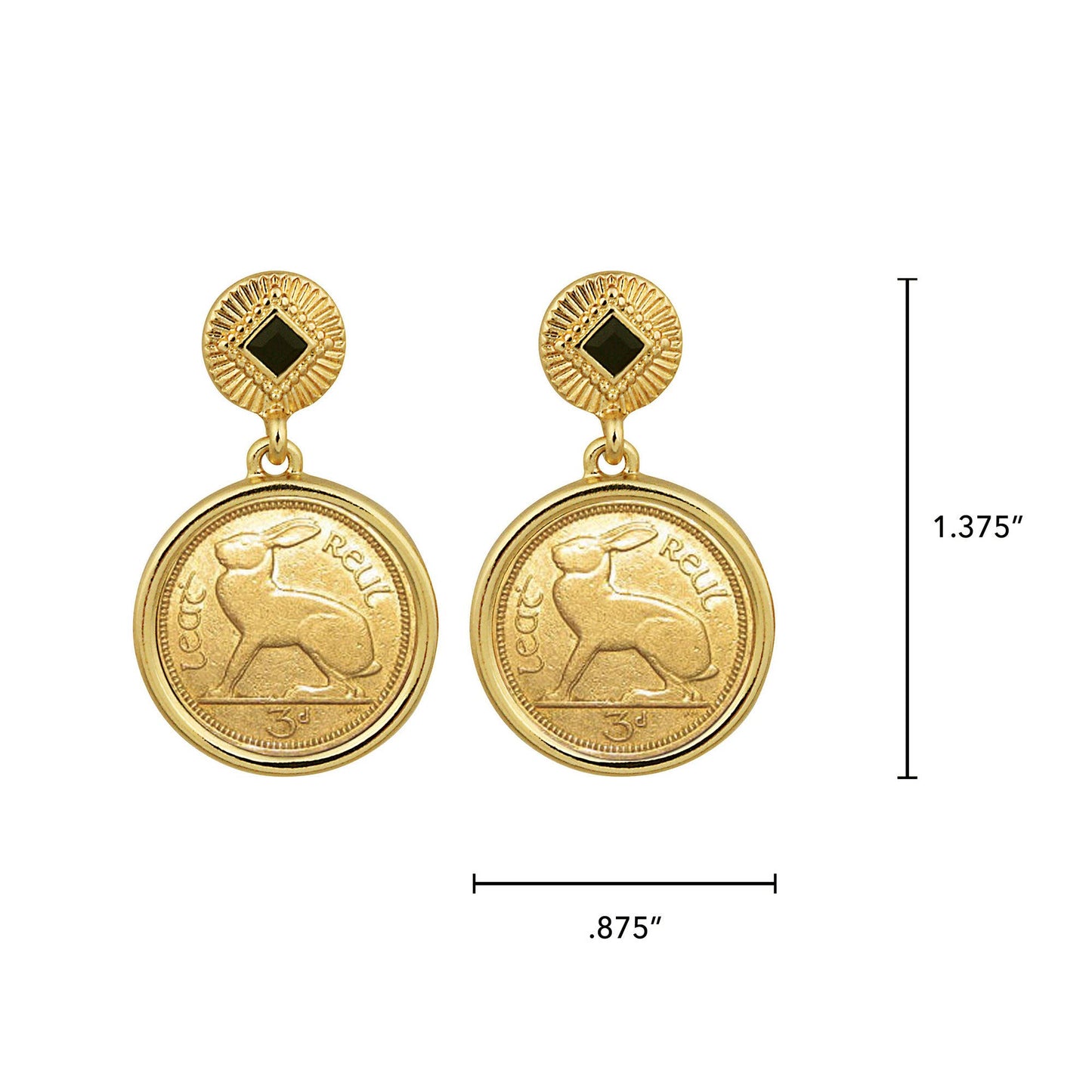 Gold Layered 3 Pence Irish Coin Goldtone Art Deco Earrings