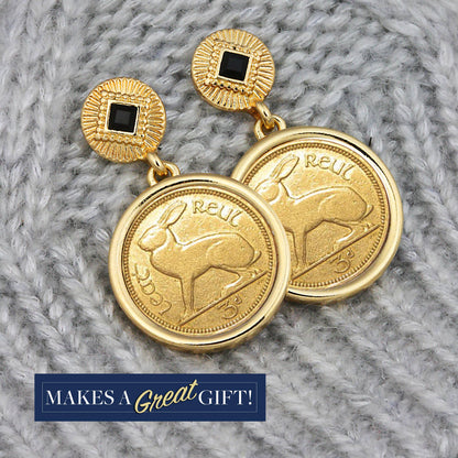 Gold Layered 3 Pence Irish Coin Goldtone Art Deco Earrings