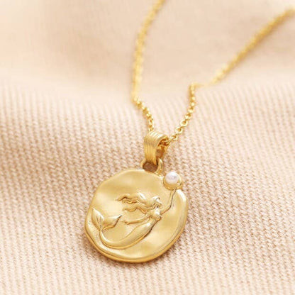 Mermaid Coin Pendant Necklace Gold