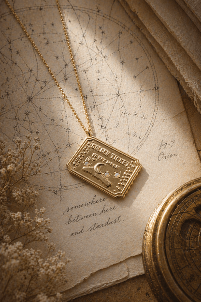 Gold ticket to the moon necklace themed necklace with a pendant 14K gold on an old map with constellations and text.