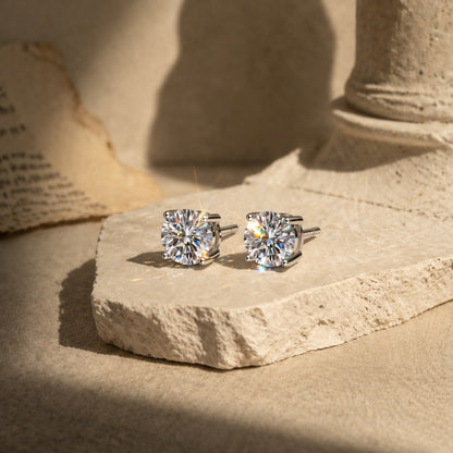 An Instant Classic Four-Prong Moissanite Stud Platinum Plated Earrings