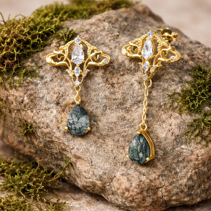 Cirrus Crest Moss Agate Earrings (Yellow Gold) ✦ New Beginnings