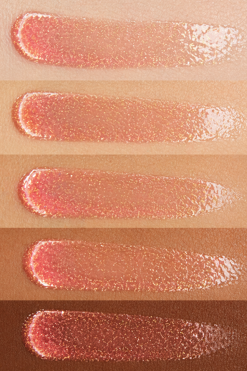 Set of five lip gloss swatches on a beige background labeled 'Fair', 'Light', 'Light Medium', 'Medium', and 'Deep'.