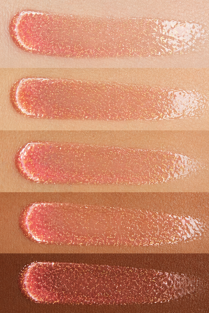 Set of five lip gloss swatches on a beige background labeled 'Fair', 'Light', 'Light Medium', 'Medium', and 'Deep'.