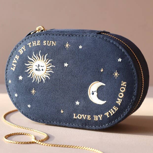 Sun and Moon Embroidered Oval Jewellery Case in Navy