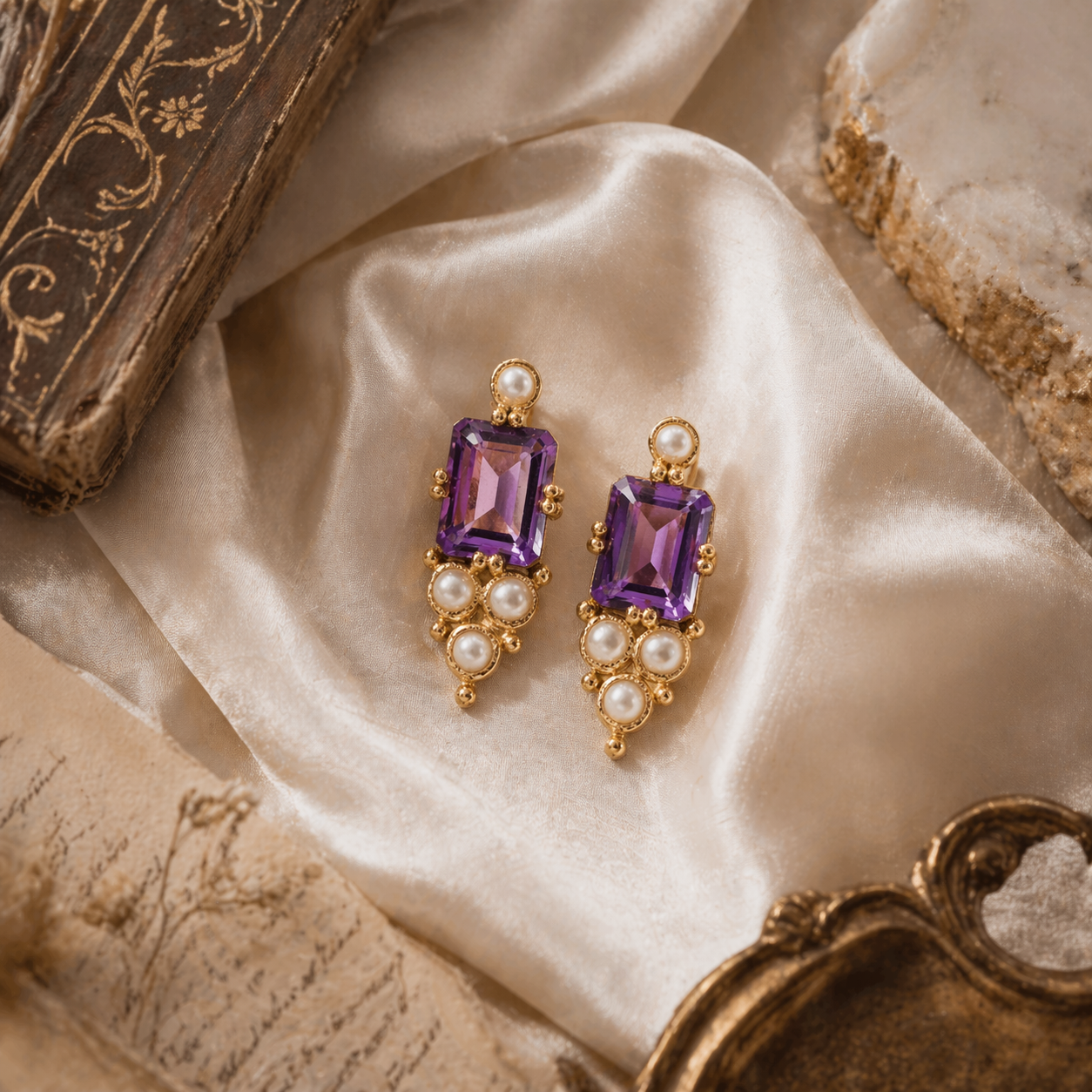 Boucle d'oreille "Daydreaming" en argent sterling, améthyste et vermeil perlé