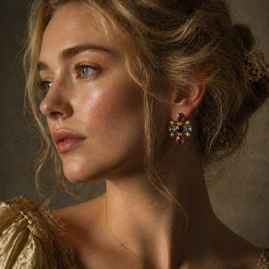 Boucle d'oreille "Fantasy Road" en argent rubis, saphir, topaze et perle
