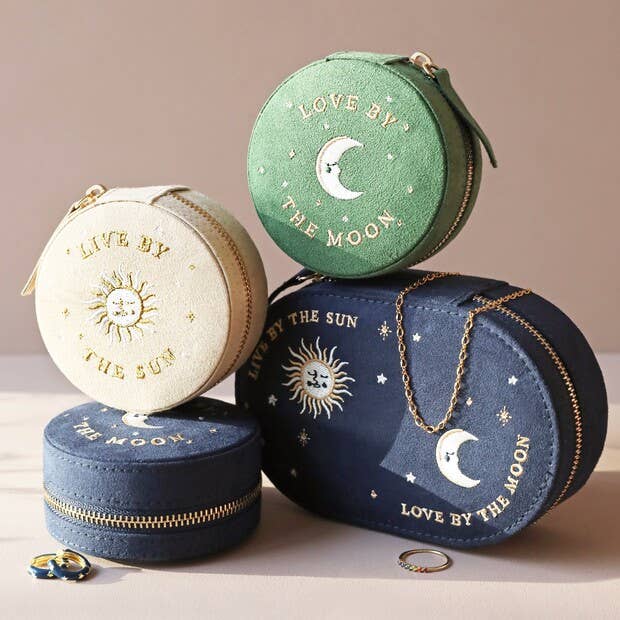 Sun and Moon Embroidered Oval Jewellery Case in Navy