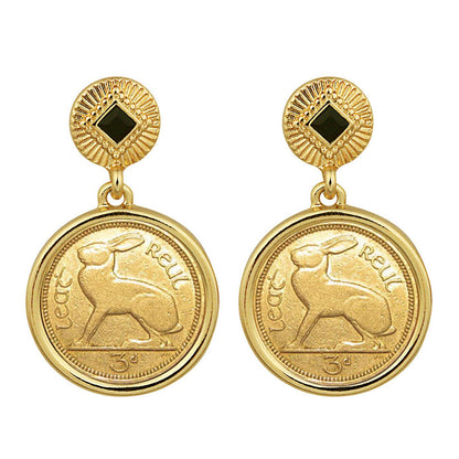 Gold Layered 3 Pence Irish Coin Goldtone Art Deco Earrings