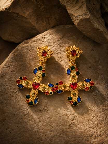 Boucle d'oreille croix bohème en or mat 18 carats des Templiers avec pierre s (à clipser)