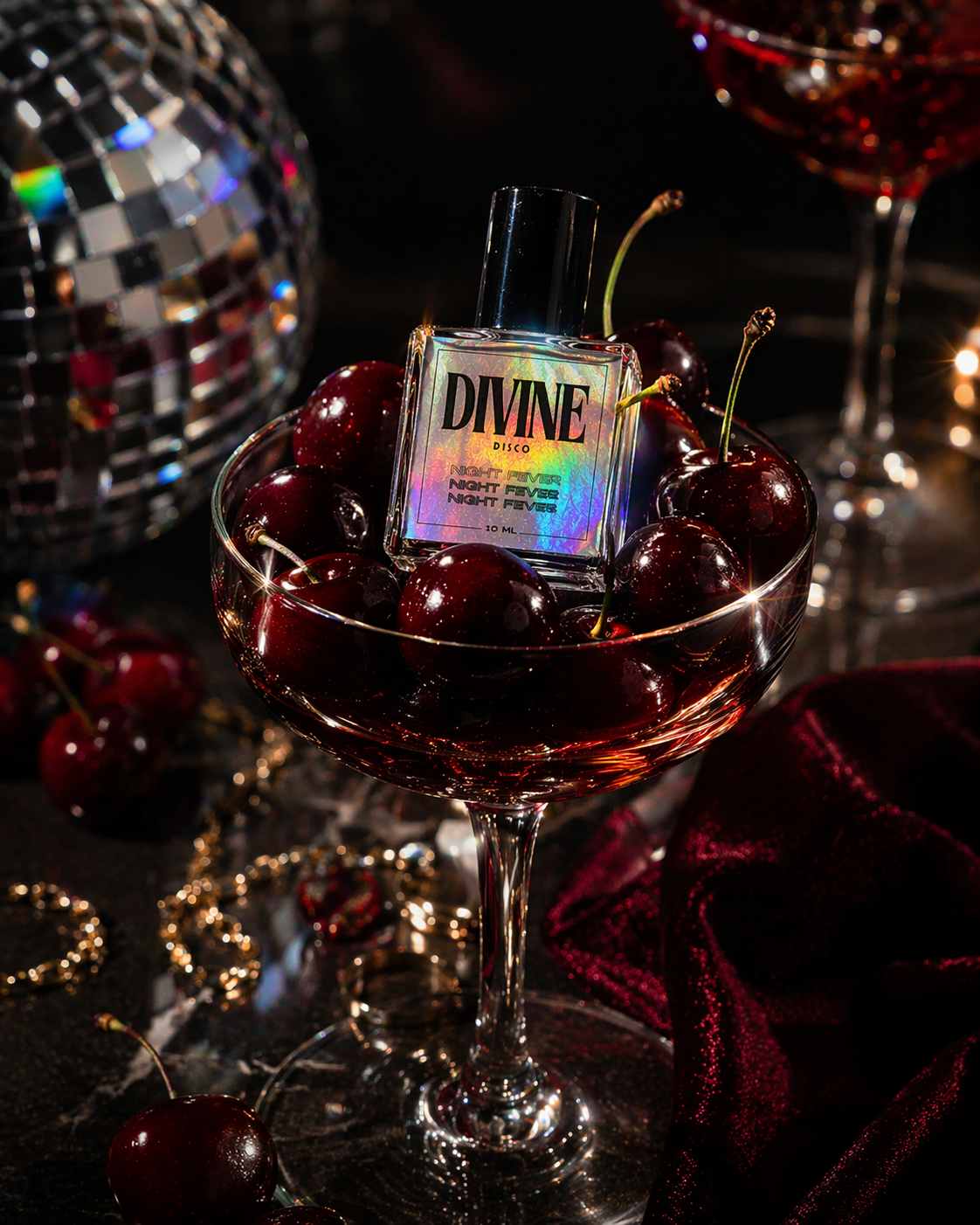 Cocktail with cherries and a bottle labeled 'Divine Disco' in a disco setting