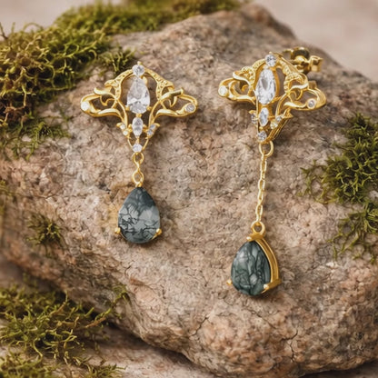 Cirrus Crest Moss Agate Earrings (Yellow Gold) ✦ New Beginnings