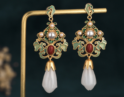 Enamel Luxury Earrings With Jade