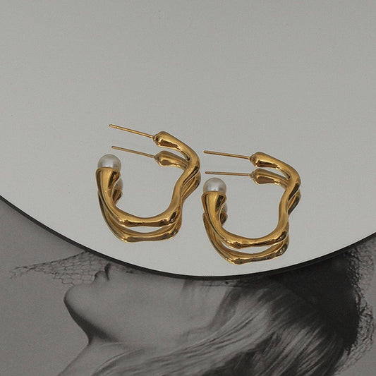现代复古金色波浪线珍珠耳环