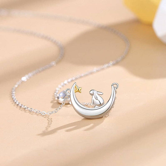 Gold Moon Star Bunny Rabbit Necklace in 925 Sterling Silver